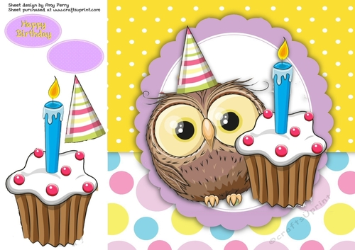 Cute Owl With Birthday Cupcake 8x8