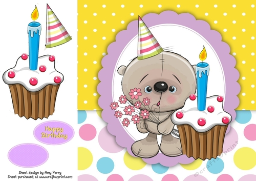 Cute Light Brown Bear With Birthday Cupcake 8x8
