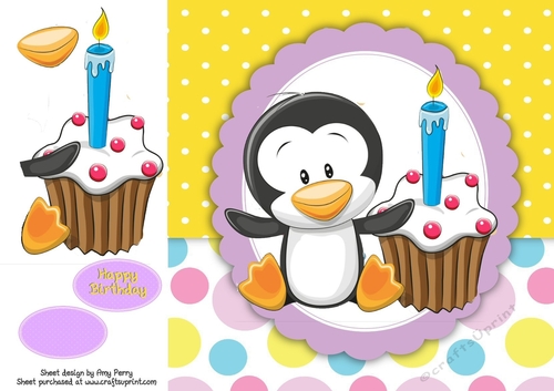 Cute Penguin With Birthday Cupcake 8x8