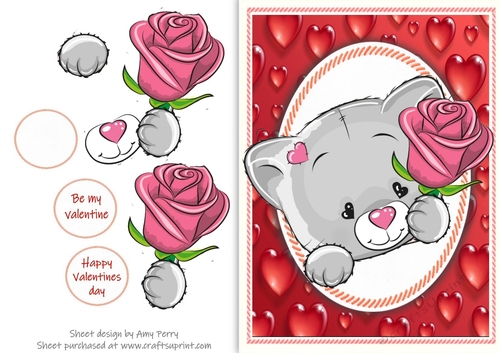 Cute Valentine Grey Cat With Pink Rose 
