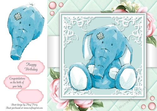 Cute Elephant With Pink Peonies 8x8