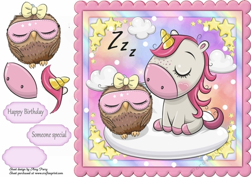 Beautiful Sleeping Unicorn & Owl  8x8