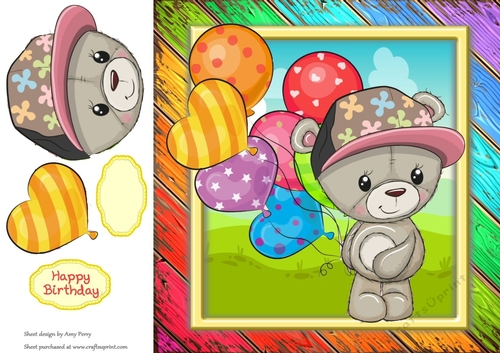 Cute Bear In Baseball Cap With Multicoloured Balloons 8x8