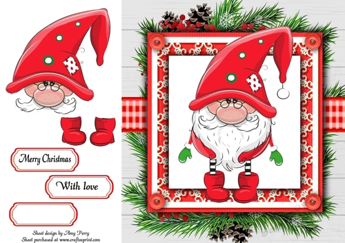 Gorgeous Gnome With Red Hat In Holly Frame 8x8