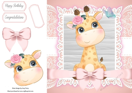 Gorgeous giraffe With Pink Bow 8x8