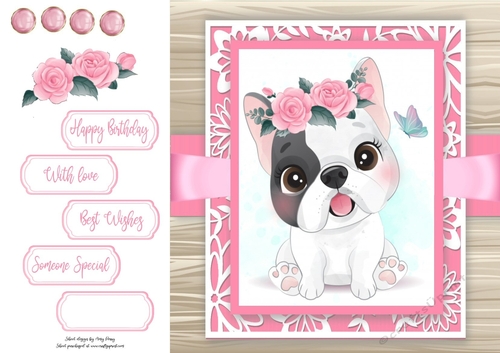Gorgeous Black & White Dog With Roses 8x8