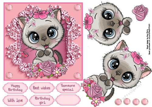 Pretty In Pink Flowers Siamese Kitten 6x6