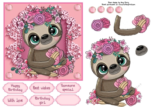 Pretty In Pink Flowers Sloth 6x6