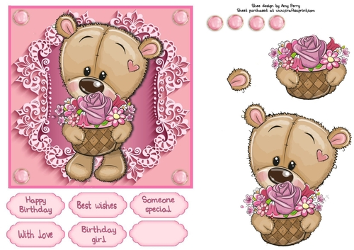 Pretty In Pink Flowers Bear With A Basket 6x6