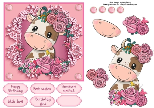 Pretty In Pink Flowers Cow 6x6