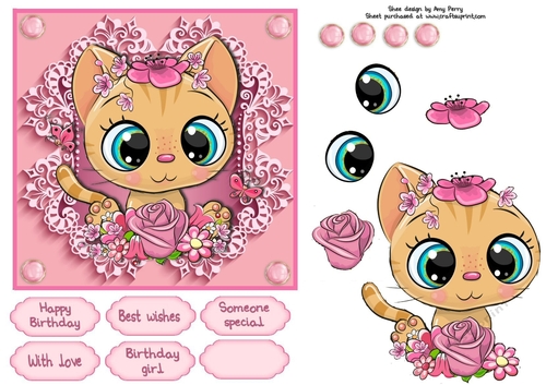 Pretty In Pink Flowers Ginger Kitten 6x6