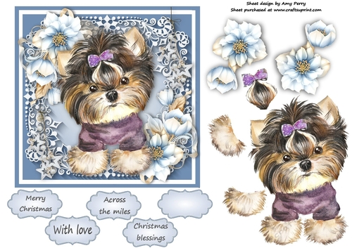Gorgeous Yorkshire Terrier With Blue Festive Flowers 6x6