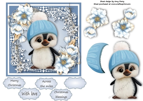 Gorgeous Penguin In A Bobble Hat  With Blue Festive Flowers 6x6