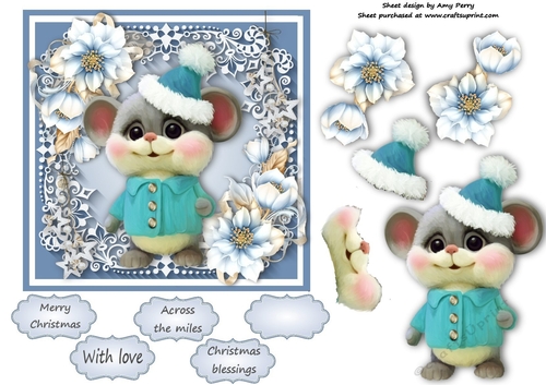 Gorgeous Mouse In A Bobble Hat  With Blue Festive Flowers 6x6