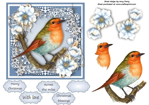 Gorgeous Robin With Blue Festive Flowers 6x6