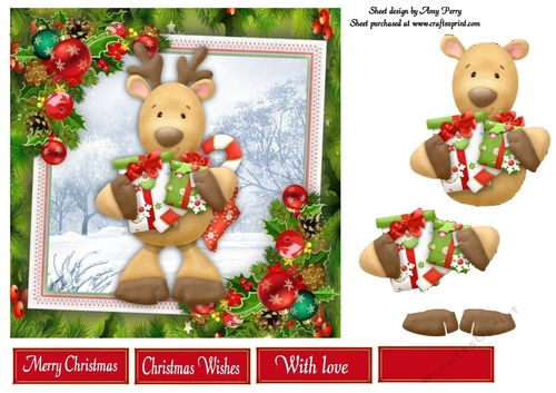 Reindeer & Presents With Bauble Corners 7x7