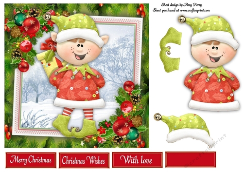 Boy Elf & Presents With Bauble Corners 7x7