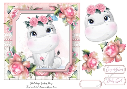 Cute Hippo With Pink Roses 7x7