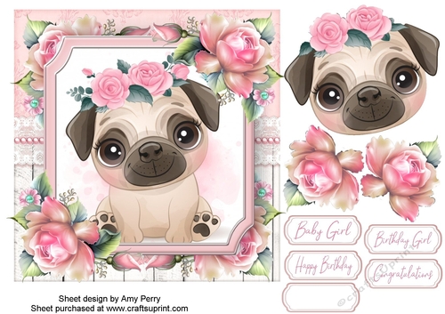 Cute Pug With Pink Roses 7x7