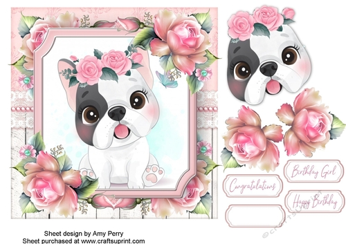 Cute French Bulldog With Pink Roses 7x7