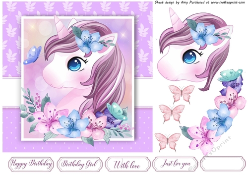 Beautiful Purple Unicorn With Flowers 7x7