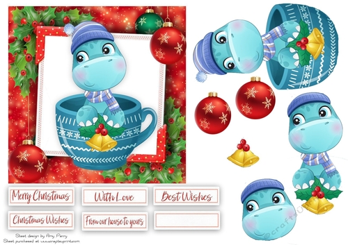 Cute Dinosaur In A Blue Festive Cup 6x6