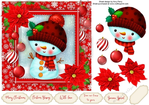 Cute Snowman With Red Bobble Hat 7x7