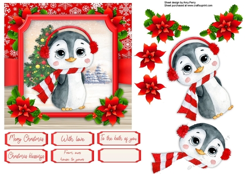 Cute Festive Penguin With Scarf & Ear Muffs 6x6