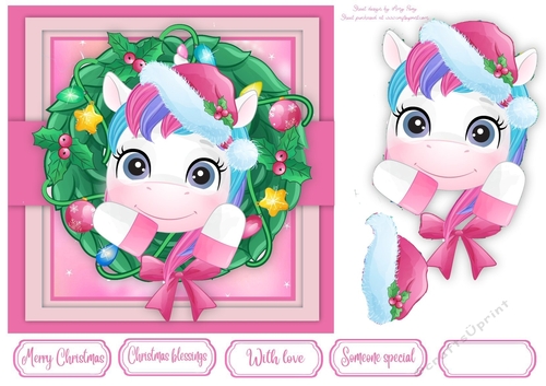 Cute Festive Unicorn In Wreath 7x7
