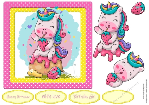 Cute Unicorn Munching Strawberries  7x7