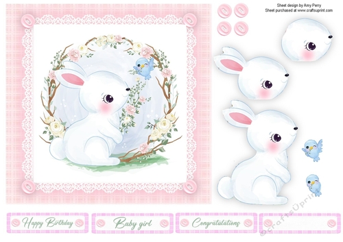 Gorgeous White Rabbit & Bird In Flowers 7x7