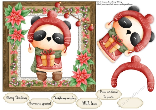 Vintage Effect Festive Panda With Present 7x7