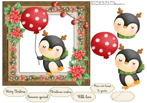 Vintage Effect Festive Penguin With Balloon 7x7