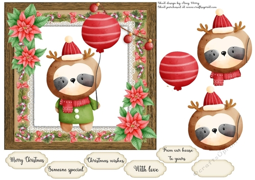 Vintage Effect Festive Sloth With Balloon 7x7