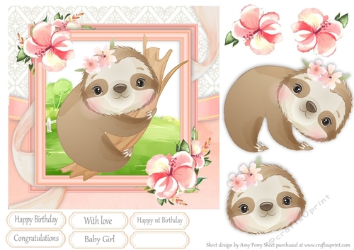 Sloth On A Branch With Pink Flowers 7x7