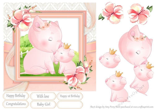Cuddling Pigs With Pink Flowers 7x7