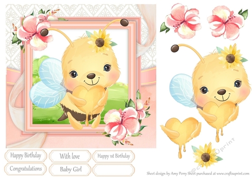 Bee & Honey Heart With Pink Flowers 7x7