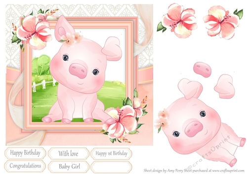 Pink Pig With Pink Flowers 7x7
