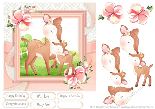 Cuddling Deers  With Pink Flowers 7x7
