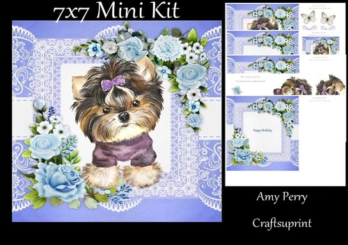 Cute Teacup Yorkshire Terrier With Blue Flowers 7x7 Mini Kit