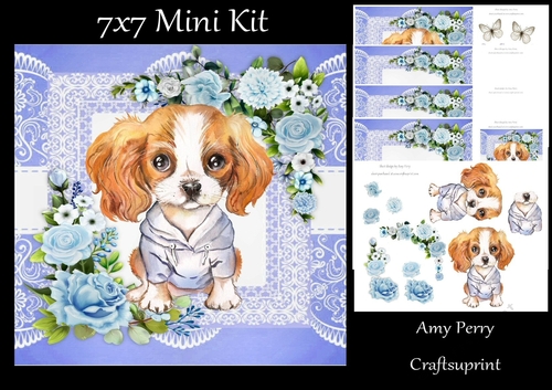 Cute King Charles/Cavalier With Blue Flowers 7x7 Mini Kit
