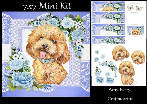 Cute Brown Fluffy Dog With Blue Flowers 7x7 Mini Kit
