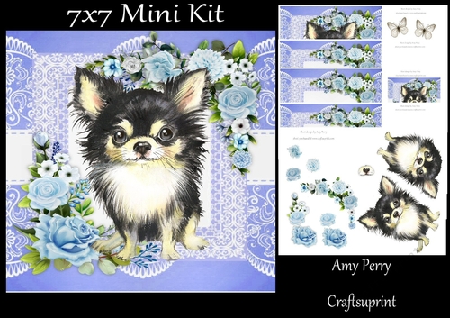 Cute Black Chihuahua  With Blue Flowers 7x7 Mini Kit