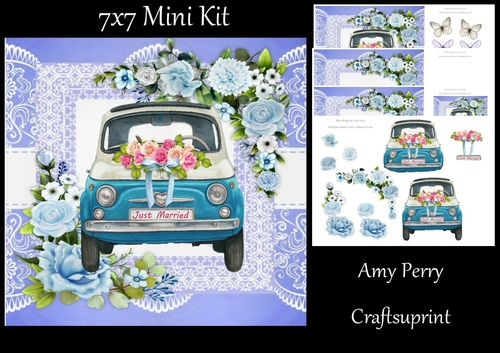 Vintage wedding car with blue flowers 7x7