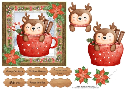 Vintage style reindeer in a cup 6x6 