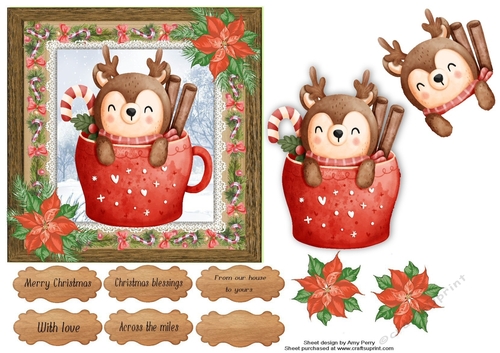 Vintage style reindeer in a cup 6x6 