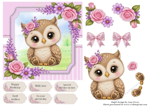 Cute owl with pink roses 6x6