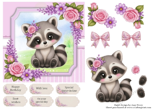 Cute racoon with pink roses 6x6