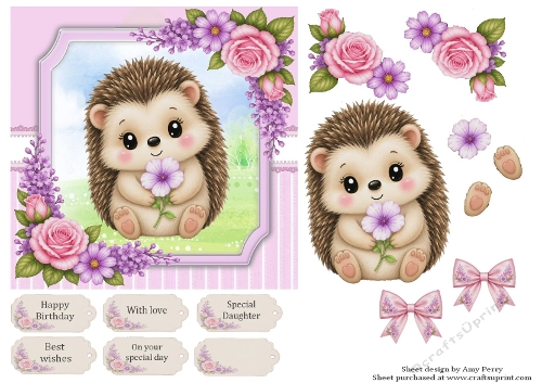 Cute hedgehog with pink roses 6x6