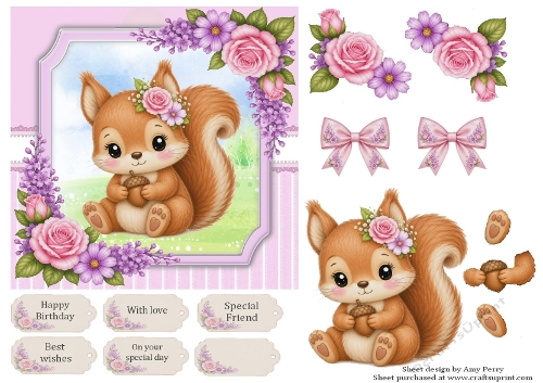 Cute squirrel with pink roses 6x6